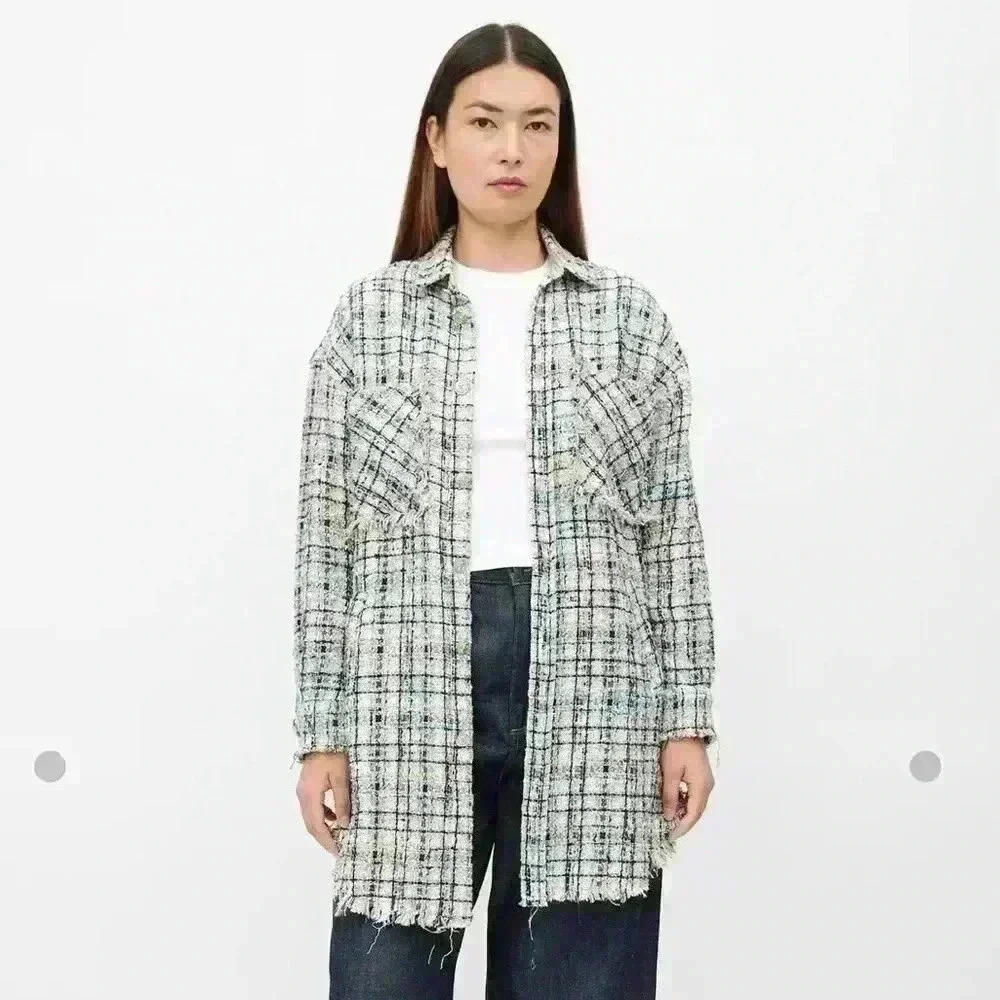 Faith Connexion Blue Multi Jacket Shirt Shacket Tweed Button Down Women Size XS